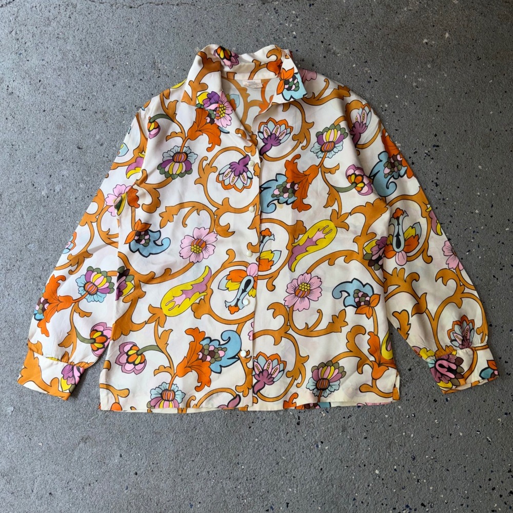 Vintage 70s Psychedelic Floral Scroll Blouse Orange Pink Blue Acetate Size 36